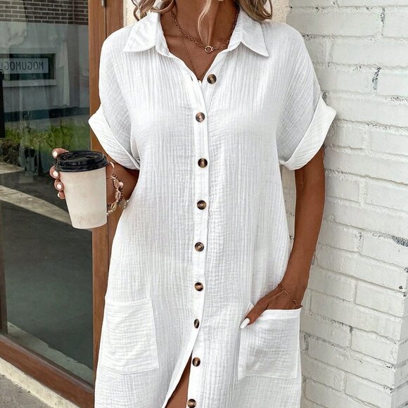 White Casual Women's Summer Solid Color Bat Wing Sleeve Pantshirt Dress - Picture 5 of 5